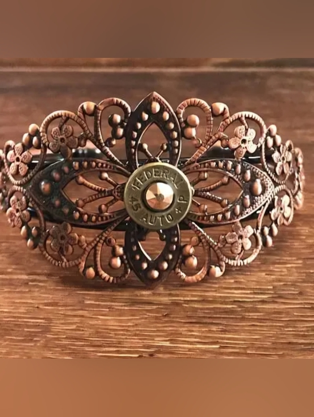 Vintage-Style Copper Filigree Bracelet with Bullet Center